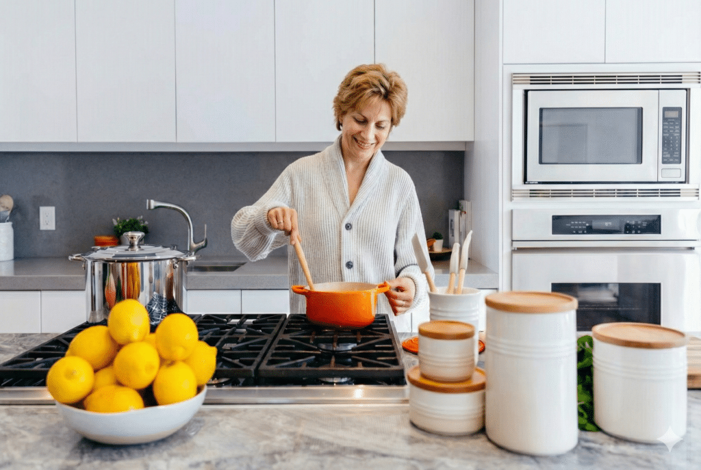 Rose, the founder of RootFed, smiling warmly in her rustic kitchen, representing the joy of cooking high-fiber comfort food for gut health.