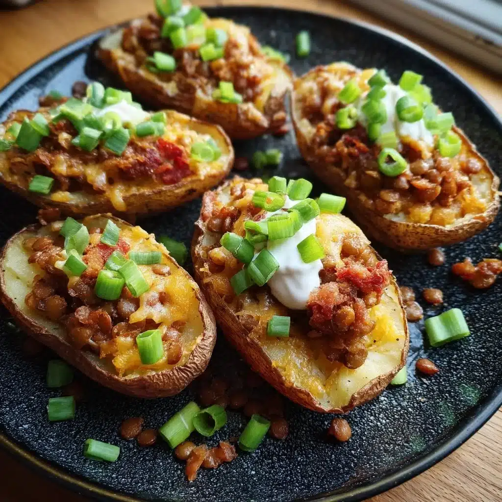 Air fryer potato skins topped with lentil bacon bits for a tasty snack