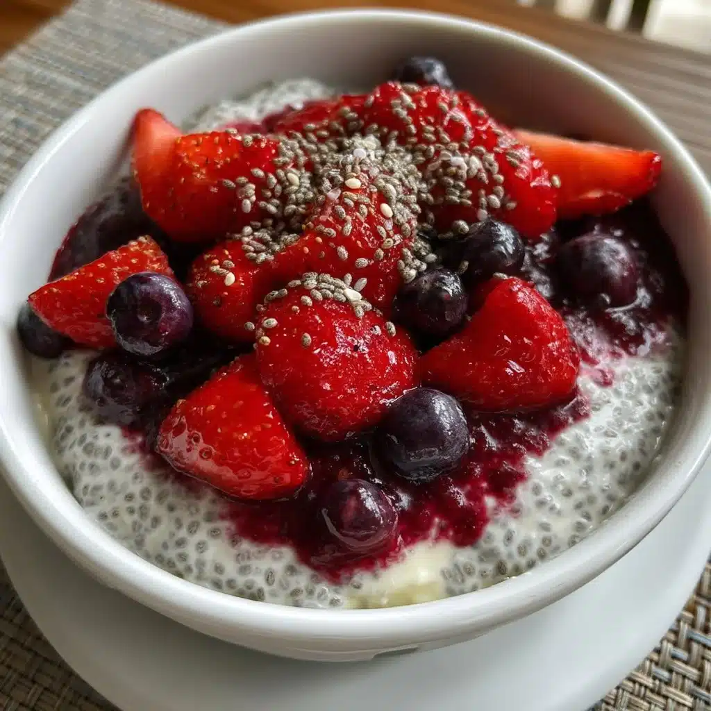 Chia Seed Pudding with Stewed Berries 1 Chia seed pudding topped with stewed berries in a clear glass bowl