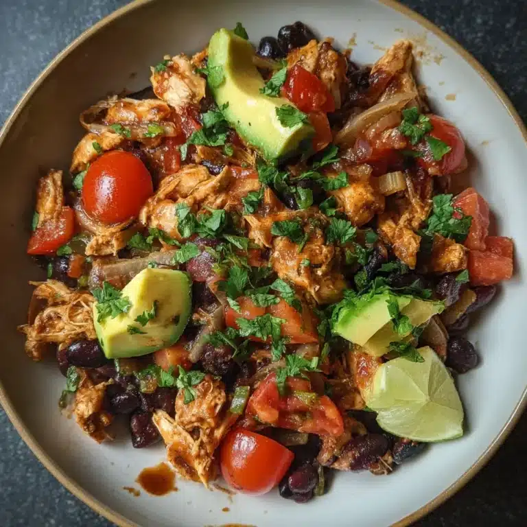 Chicken Tinga Bowl with black beans, topped with fresh ingredients and garnishes