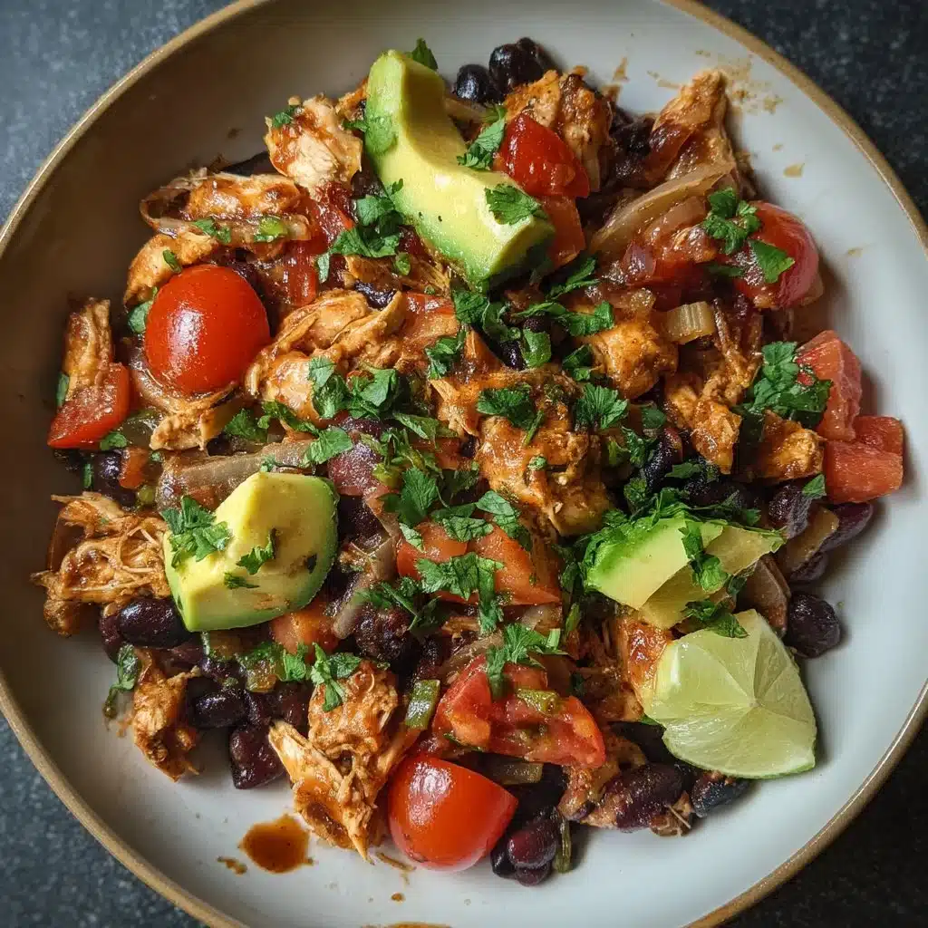 Chicken Tinga Bowl with black beans, topped with fresh ingredients and garnishes