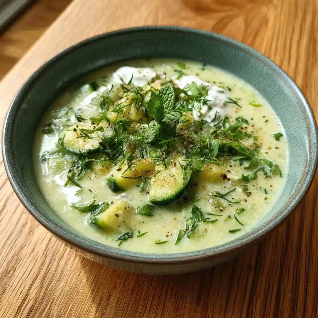 Chilled cucumber avocado soup served in a bowl with garnishes.