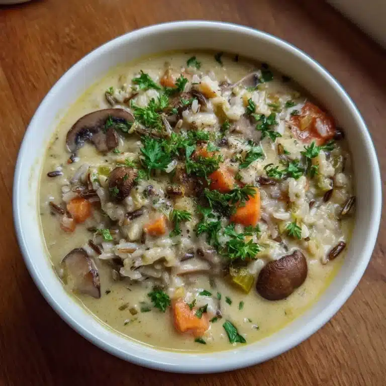 Creamy Mushroom and Wild Rice Soup 13 Bowl of creamy mushroom and wild rice soup garnished with herbs.