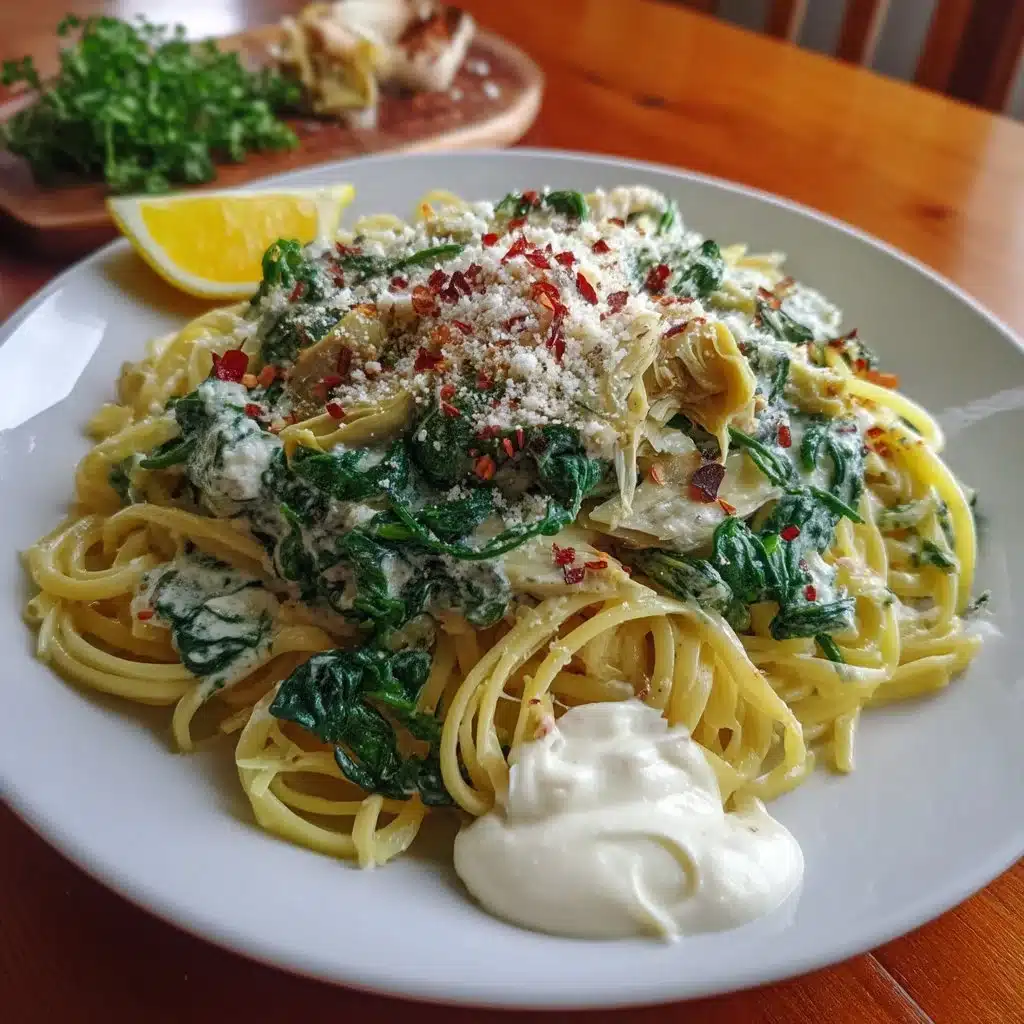 Creamy Spinach & Artichoke Pasta 1 Creamy spinach artichoke pasta served in a bowl with fresh herbs.