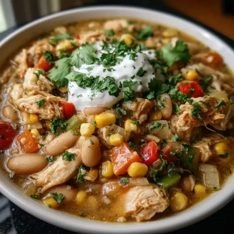 Crockpot white chicken chili in a bowl garnished with cilantro and lime.