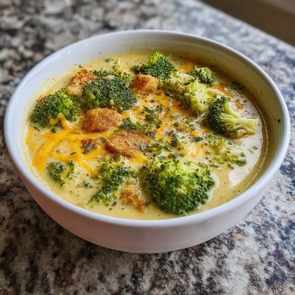 Bowl of dairy-free broccoli cheddar soup garnished with fresh herbs