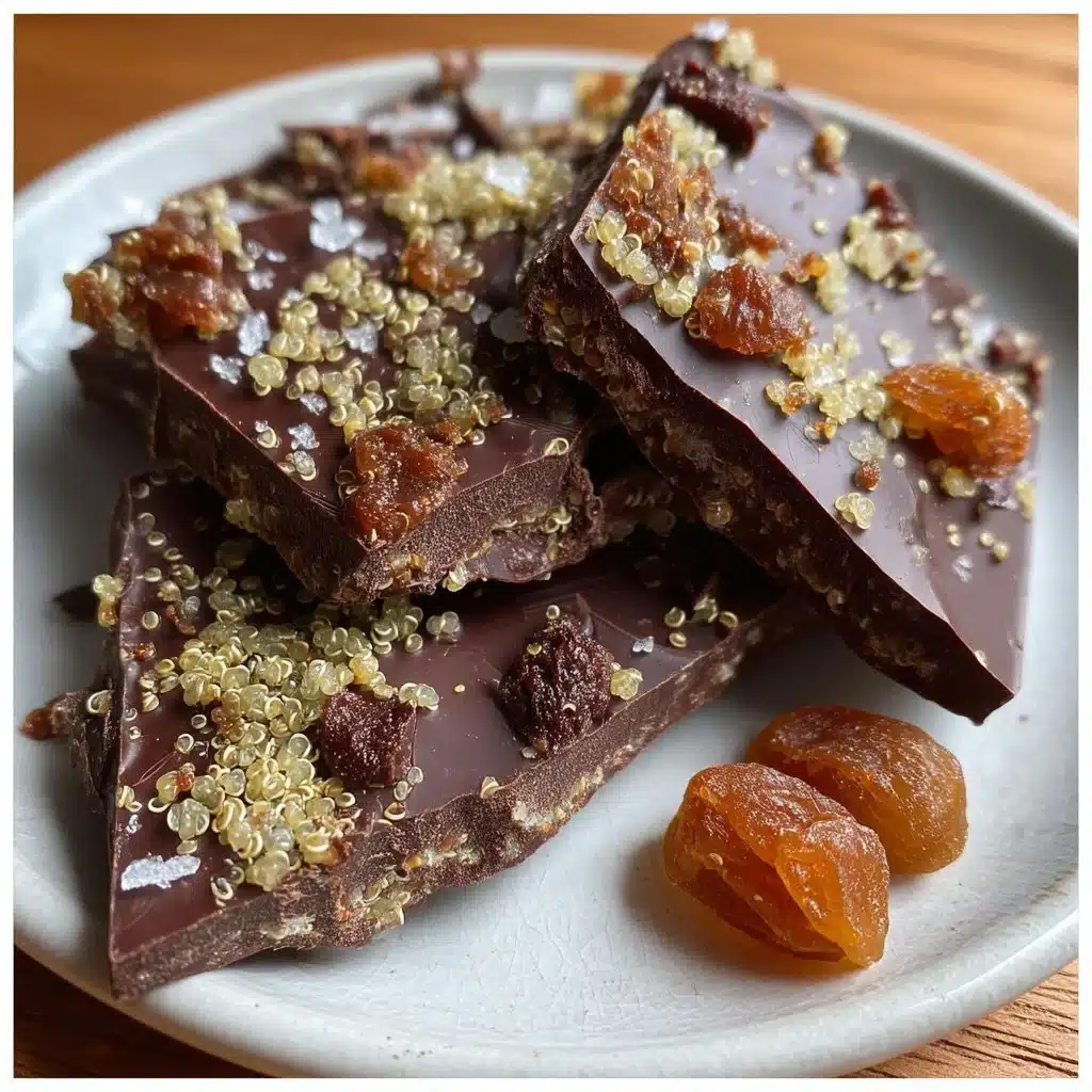 Dark Chocolate Bark with Toasted Quinoa and Sea Salt 1 Dark chocolate bark topped with toasted quinoa and sea salt for a delicious treat