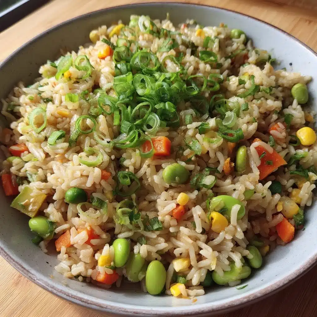 Plate of colorful edamame fried rice garnished with vegetables and herbs