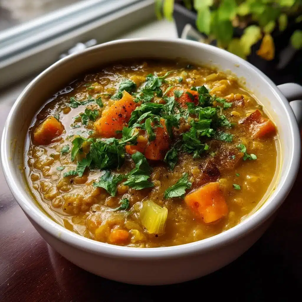 Bowl of Golden Lentil & Turmeric Soup garnished with fresh herbs