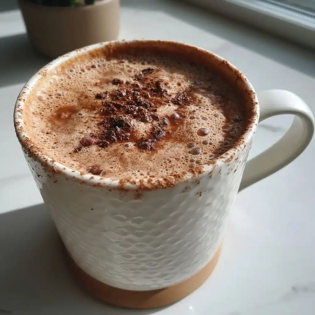 Cup of high-fiber hot cocoa topped with whipped cream and cocoa powder