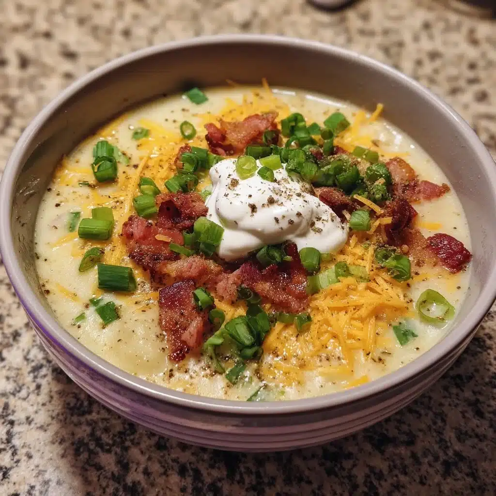 Loaded Baked Potato Soup 1 Bowl of loaded baked potato soup topped with cheese, bacon, and chives.