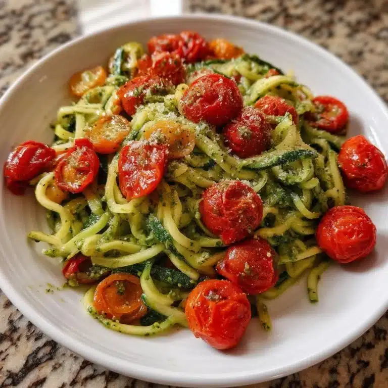 Pesto zucchini noodles with blistered cherry tomatoes in a vibrant bowl