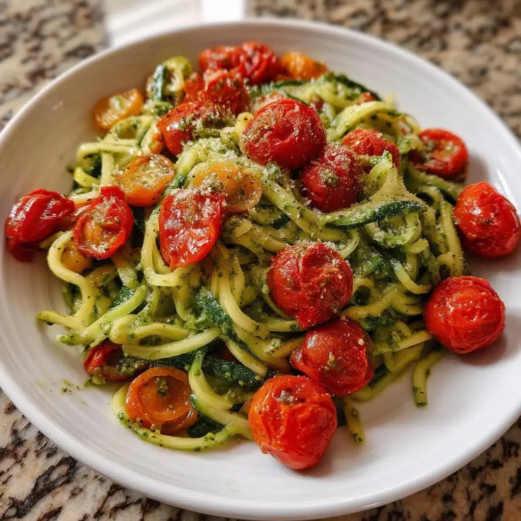 Pesto Zucchini Noodles with Blistered Cherry Tomatoes 2 Pesto Zucchini Noodles with Blistered Cherry Tomatoes