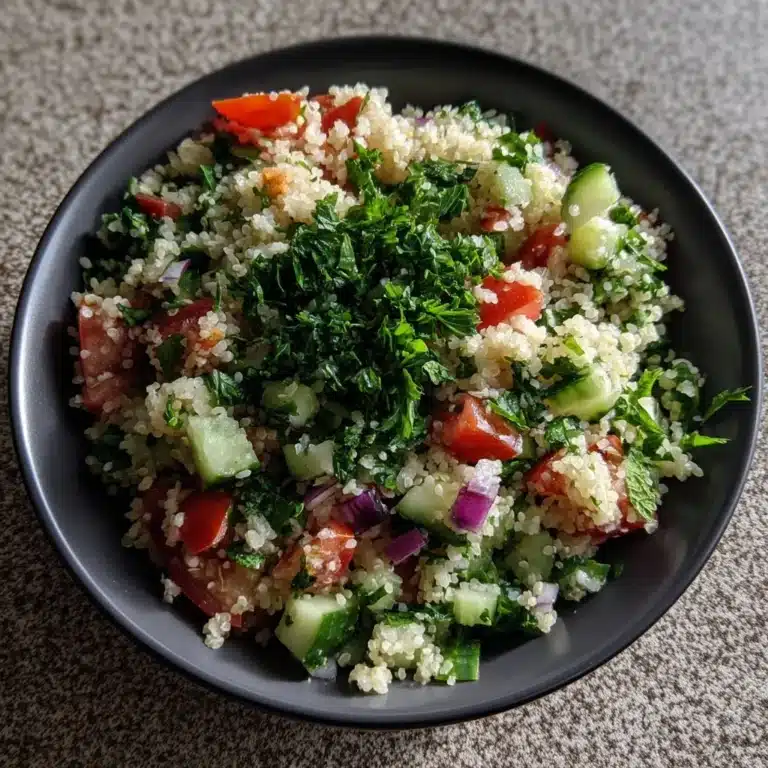 Quinoa Tabbouleh (Gluten-Free) 46 Bowl of gluten-free quinoa tabbouleh salad with fresh herbs and vegetables