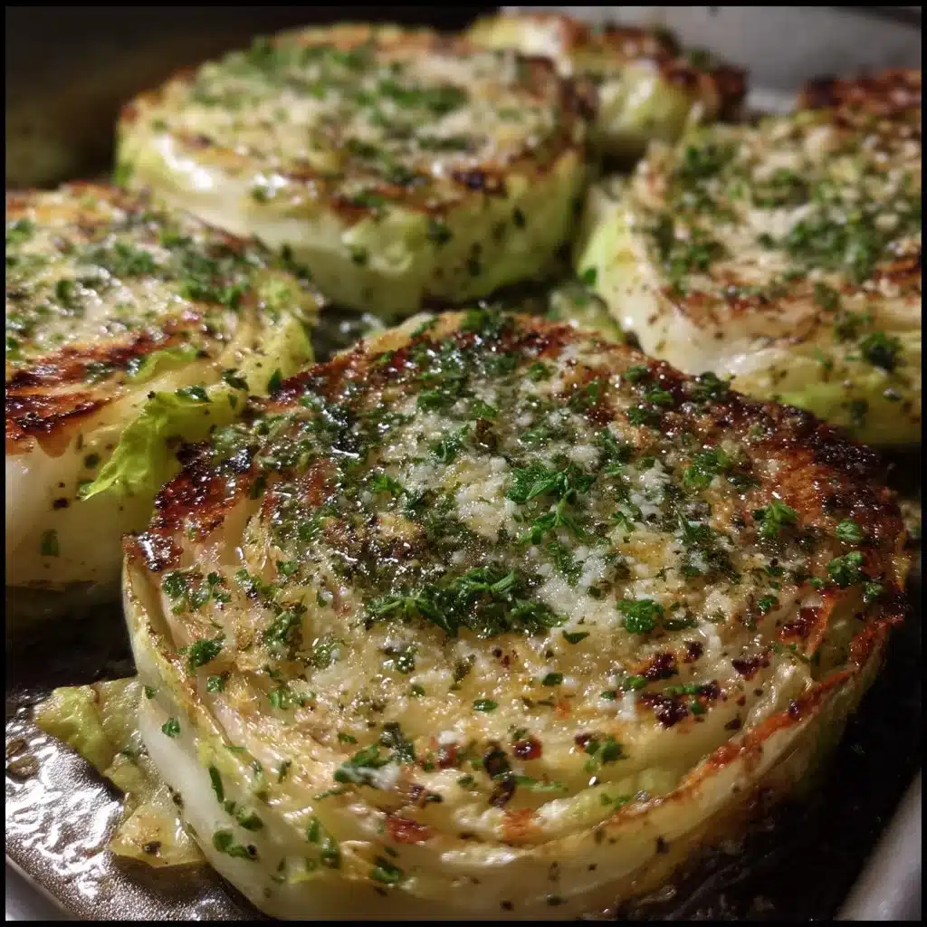 Roasted cabbage steaks topped with garlic butter seasoning on a plate