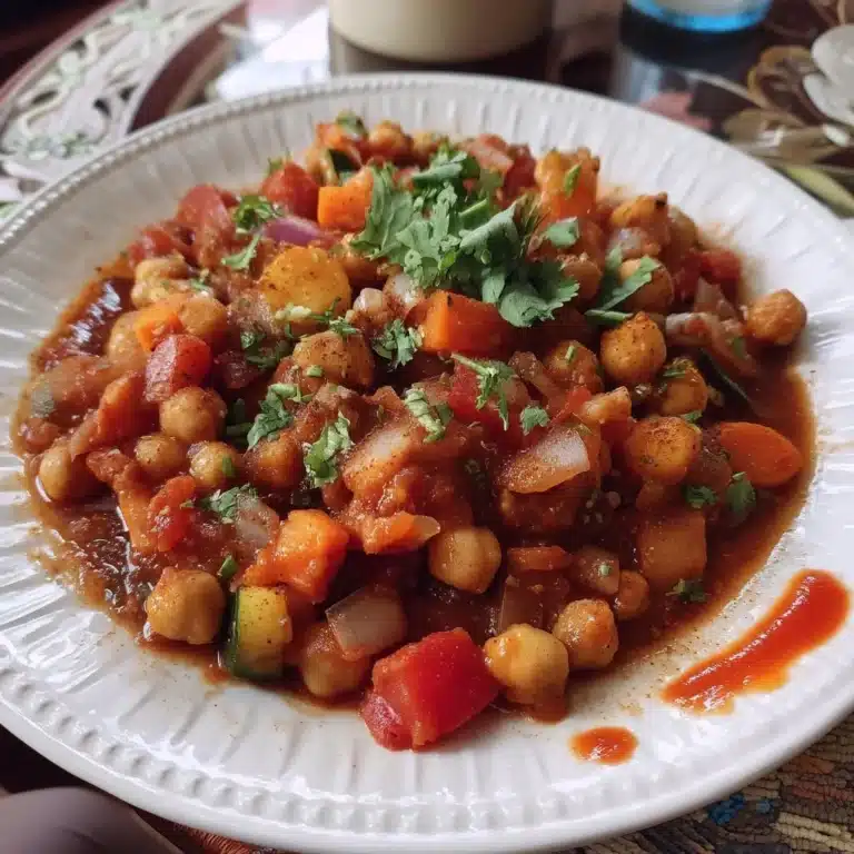 Bowl of slow cooker Moroccan chickpea stew with spices and vegetables