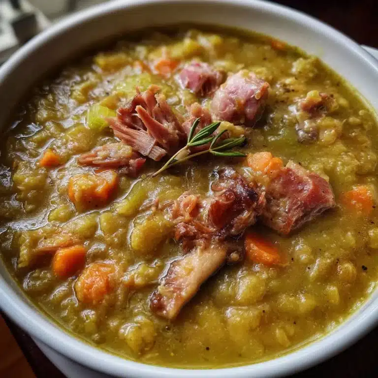 Bowl of Slow Cooker Split Pea Soup with Ham Bone ready to serve.