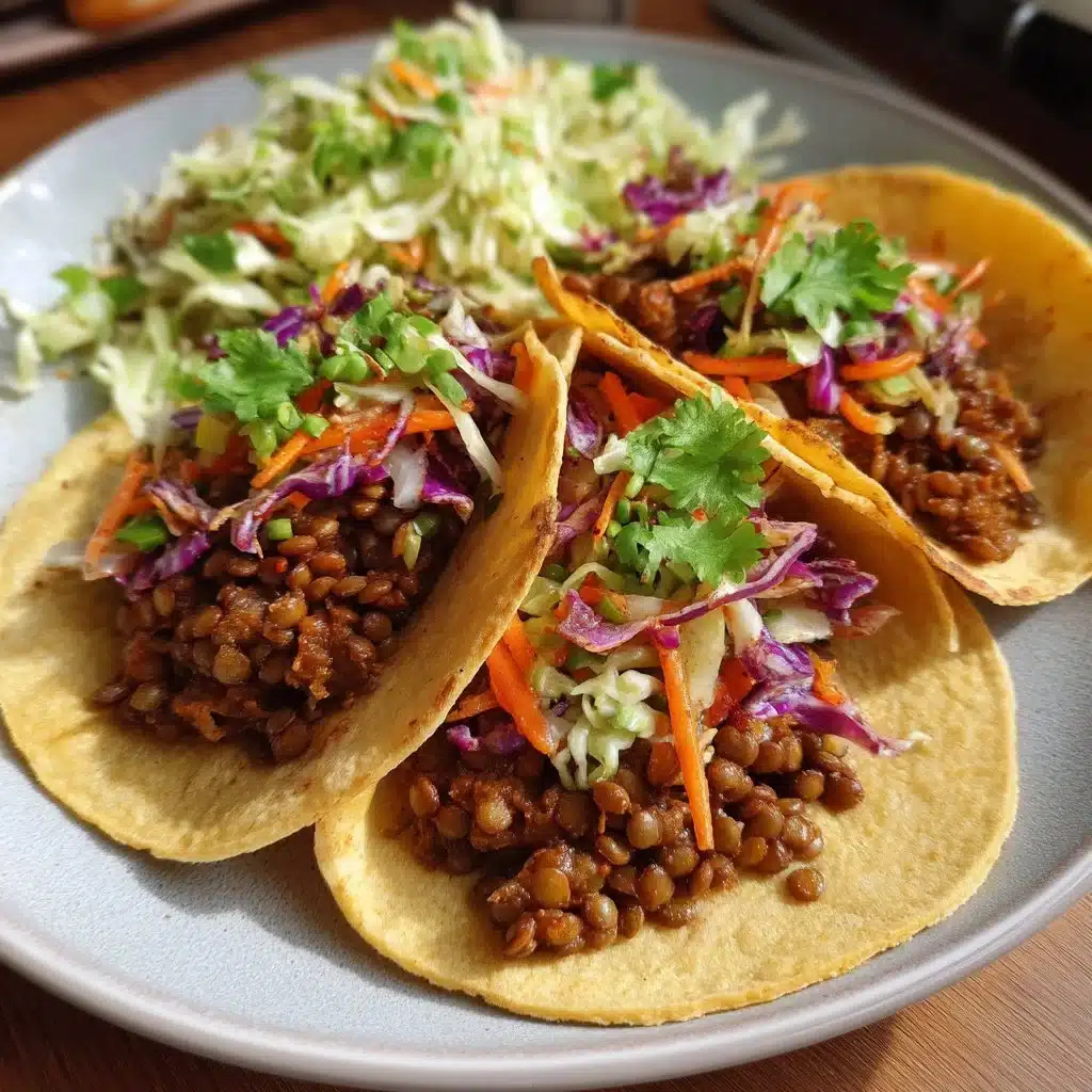Smoky lentil tacos served with vibrant cabbage slaw on a plate