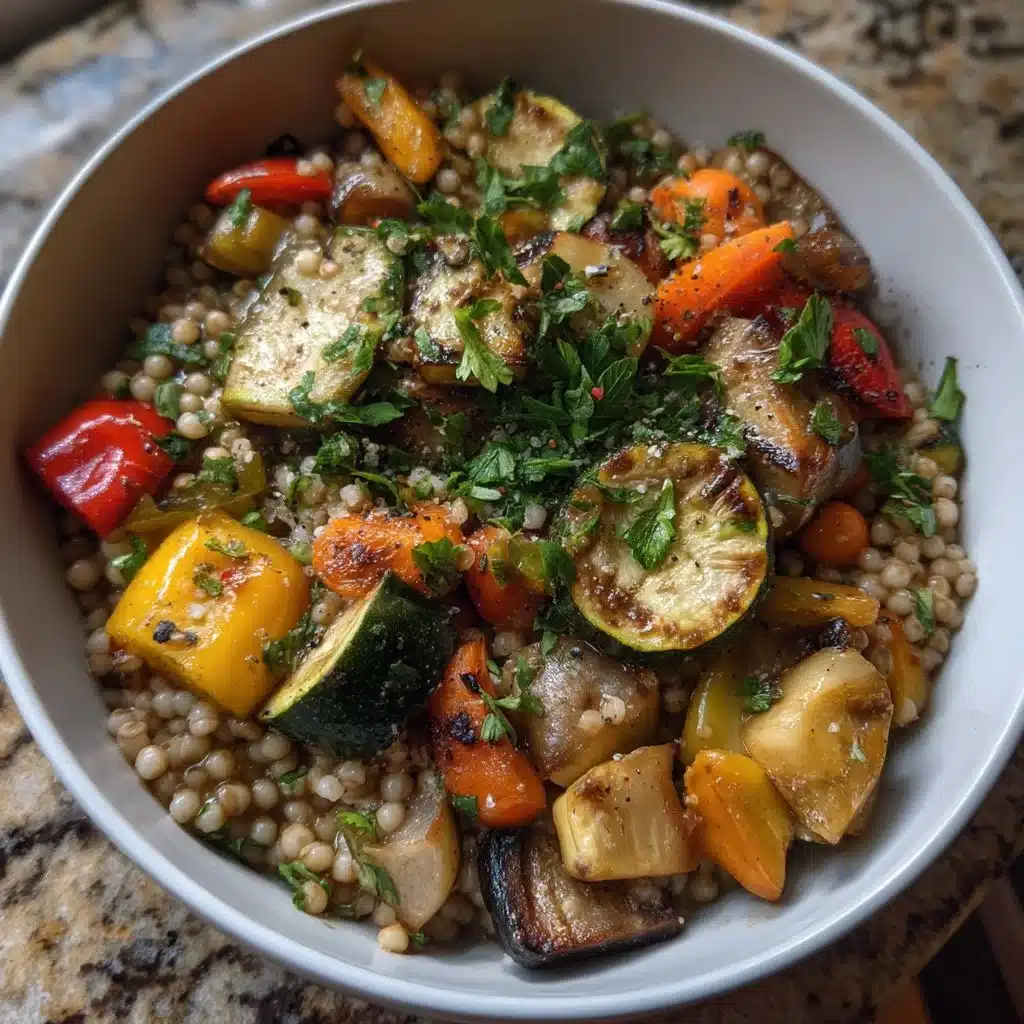 Sorghum grain bowl topped with colorful roasted vegetables for a nutritious meal.