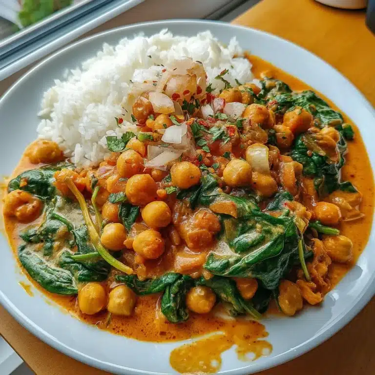 Thai Red Curry with Chickpeas and Spinach 9 Thai Red Curry with Chickpeas and Spinach in a bowl, garnished with fresh herbs