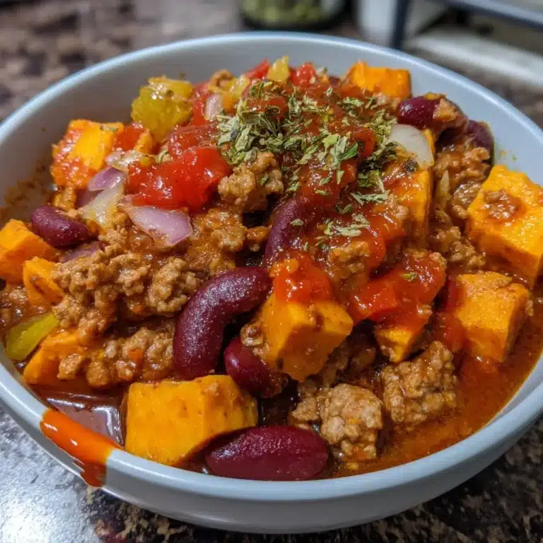 A bowl of turkey and sweet potato chili topped with fresh herbs