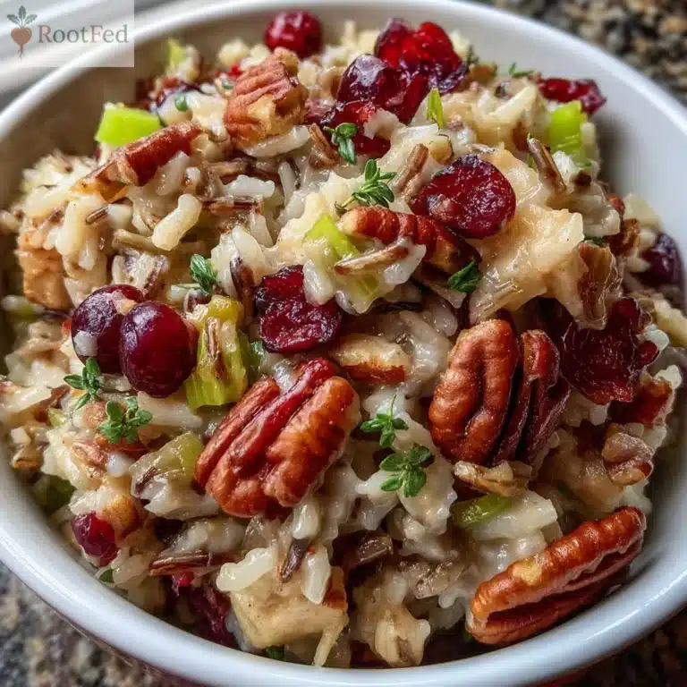 Delicious wild rice stuffing with cranberries and pecans in a serving bowl