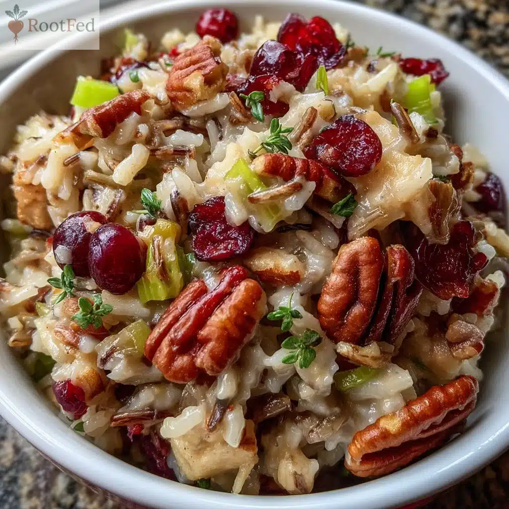 Wild Rice Stuffing with Cranberries and Pecans 1 Delicious wild rice stuffing with cranberries and pecans in a serving bowl