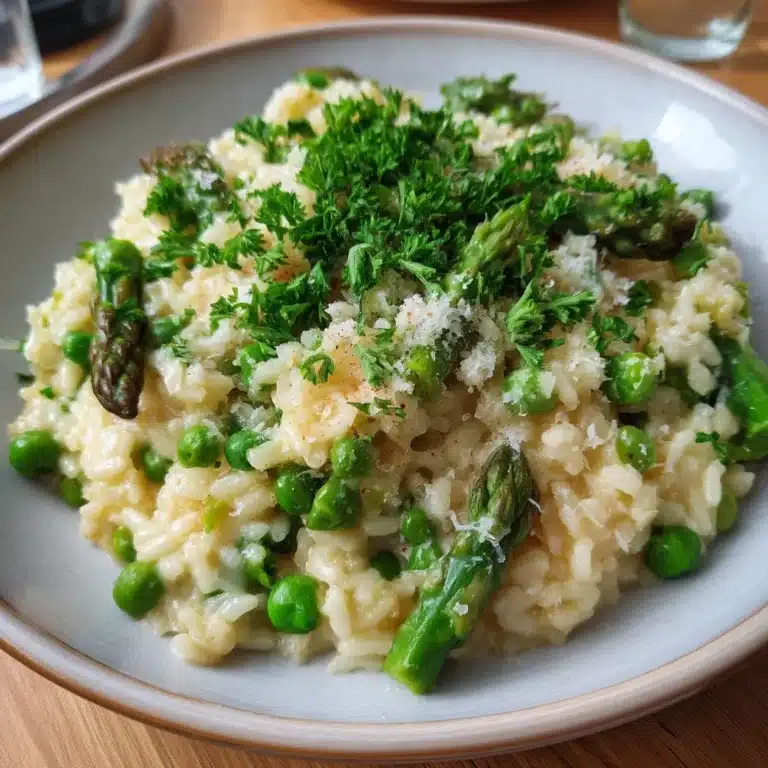 Asparagus & Pea Risotto 33 Bowl of creamy Asparagus Pea Risotto garnished with fresh peas and asparagus tips.