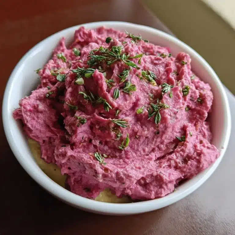 Bowl of pink beet hummus garnished with olive oil and herbs