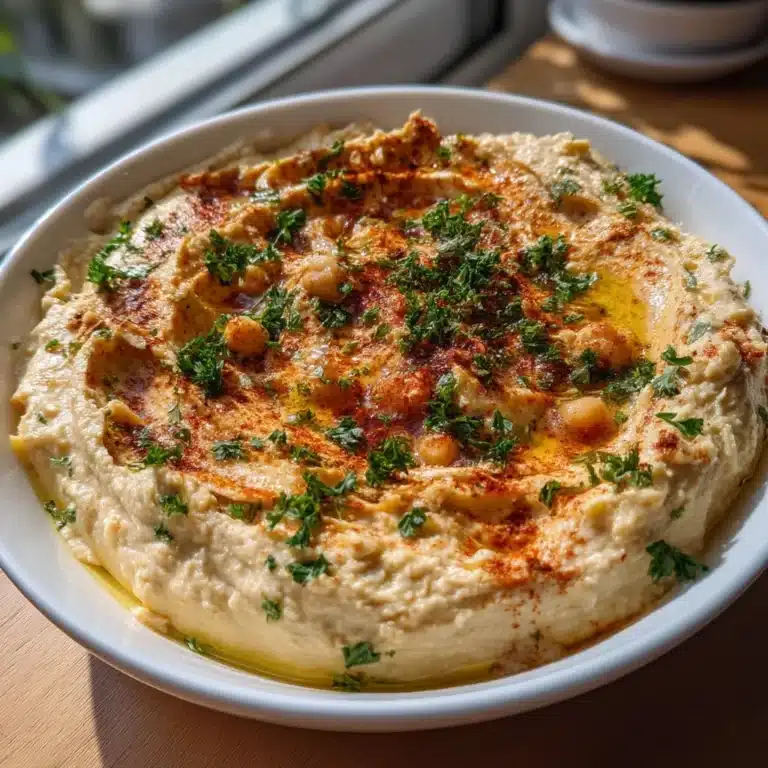 Bowl of homemade classic garlic hummus served with fresh vegetables