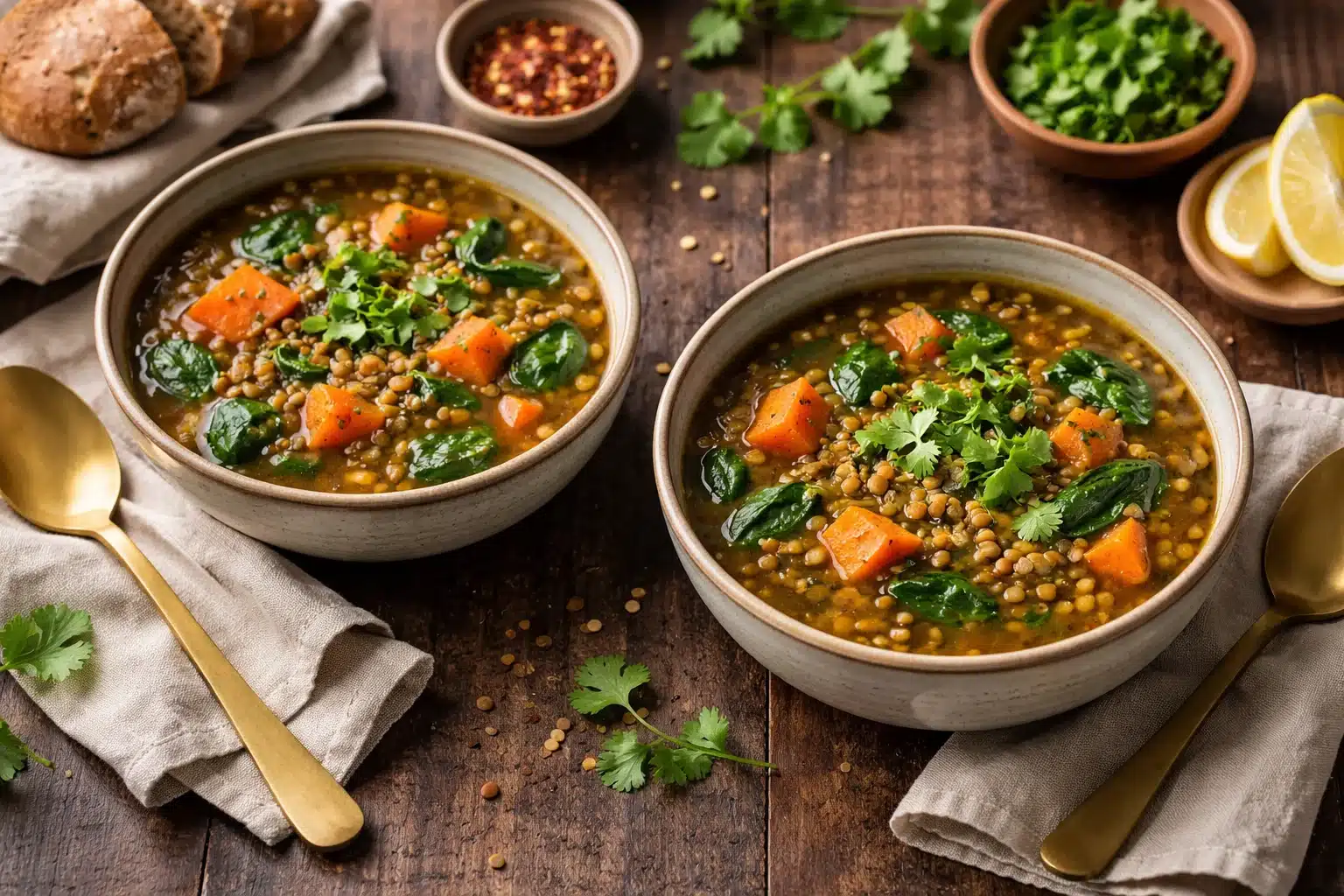Cozy Lentil Soup with Spinach and a Zesty Twist