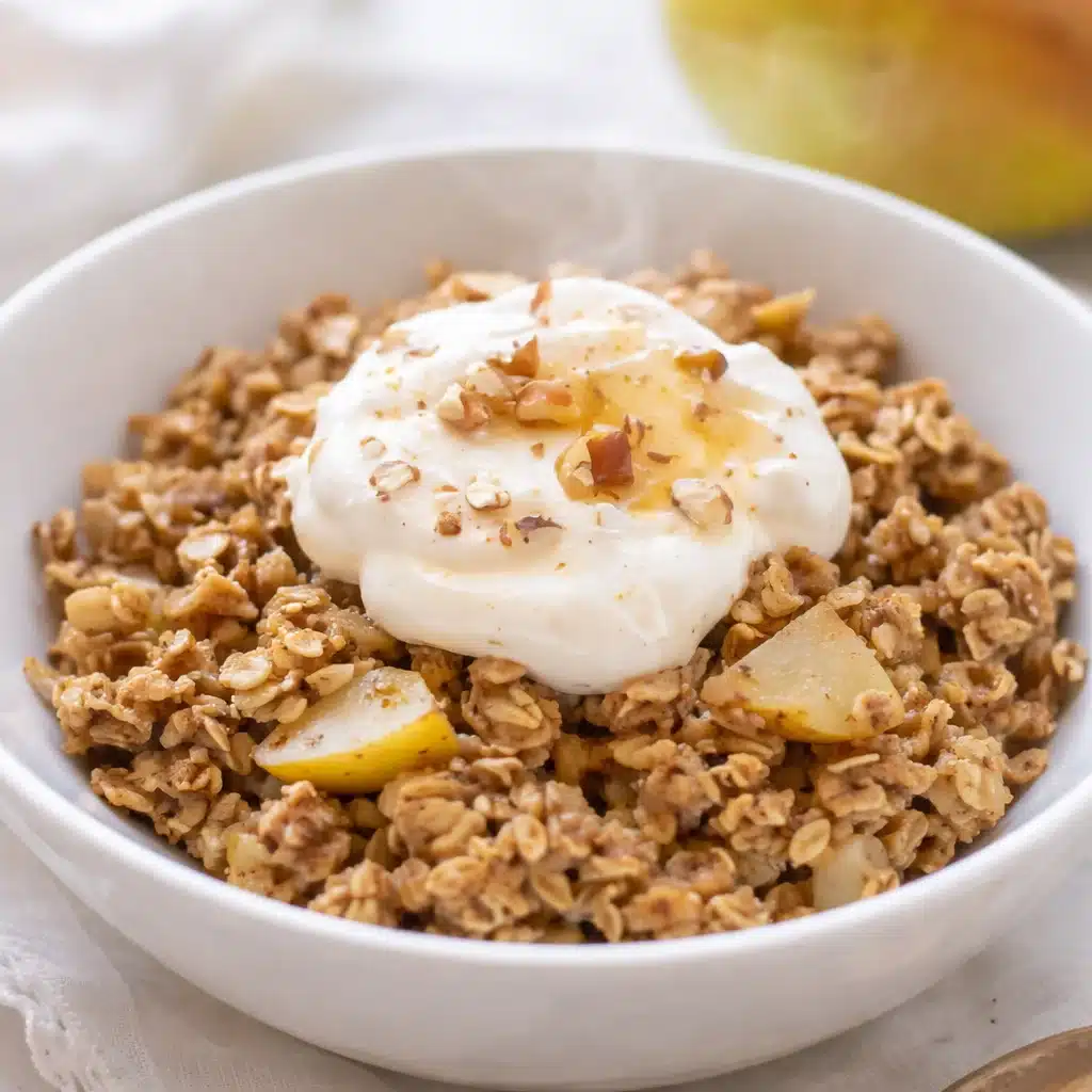 Warm Pear & Ginger Oatmeal with spices and fresh fruit in a bowl.