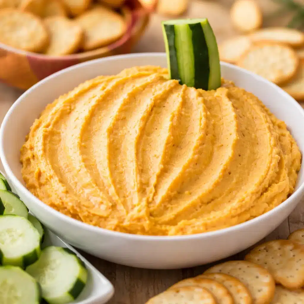 Delicious and creamy pumpkin hummus served in a bowl with fresh veggies and crackers.