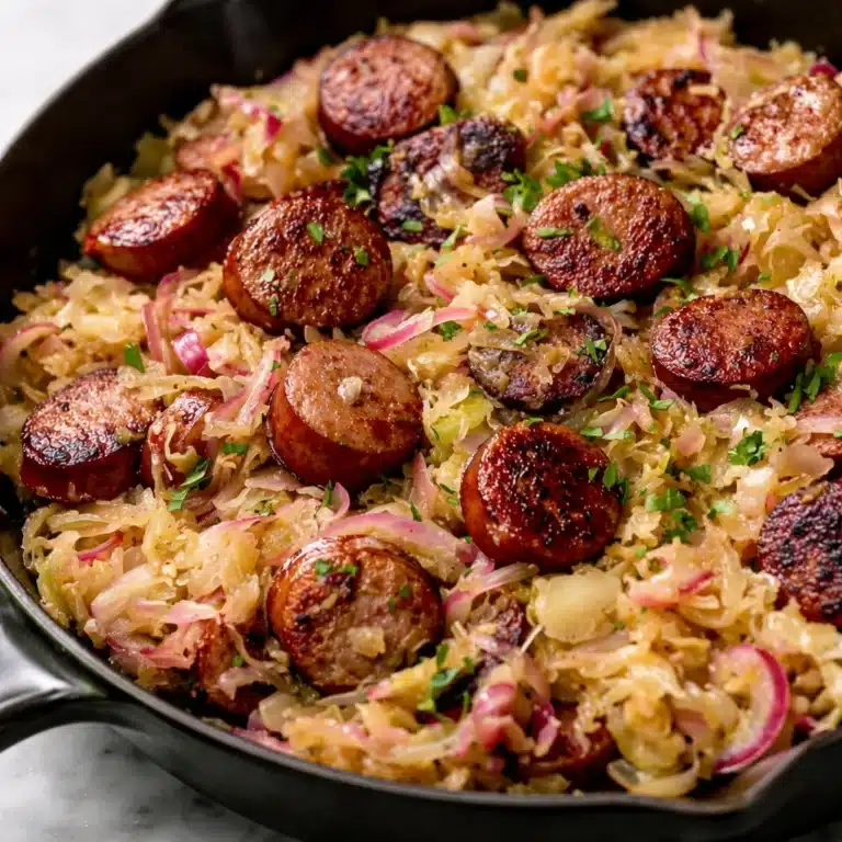 Delicious Sauerkraut & Sausage Skillet Dinner Made Easy 16 Delicious 3. Sauerkraut & Sausage Skillet with kielbasa and potatoes in a frying pan