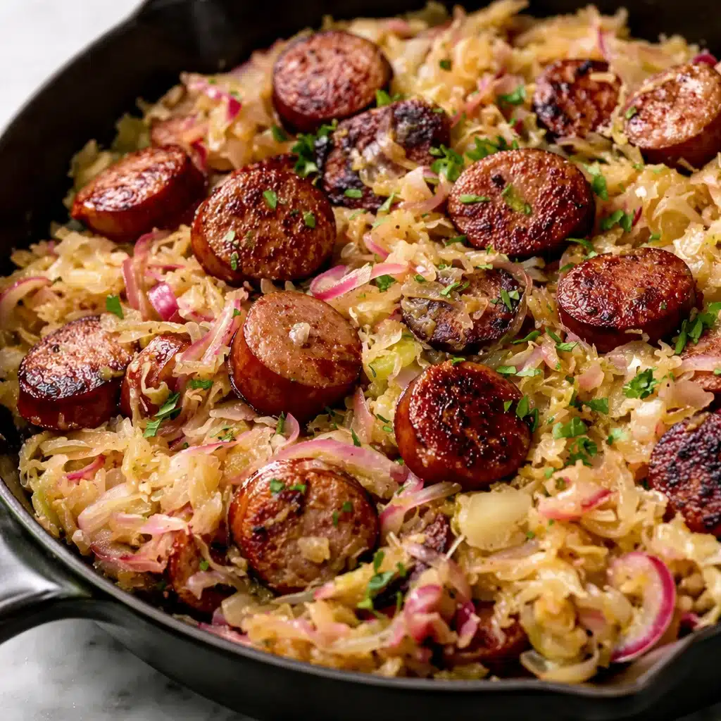 Delicious 3. Sauerkraut & Sausage Skillet with kielbasa and potatoes in a frying pan