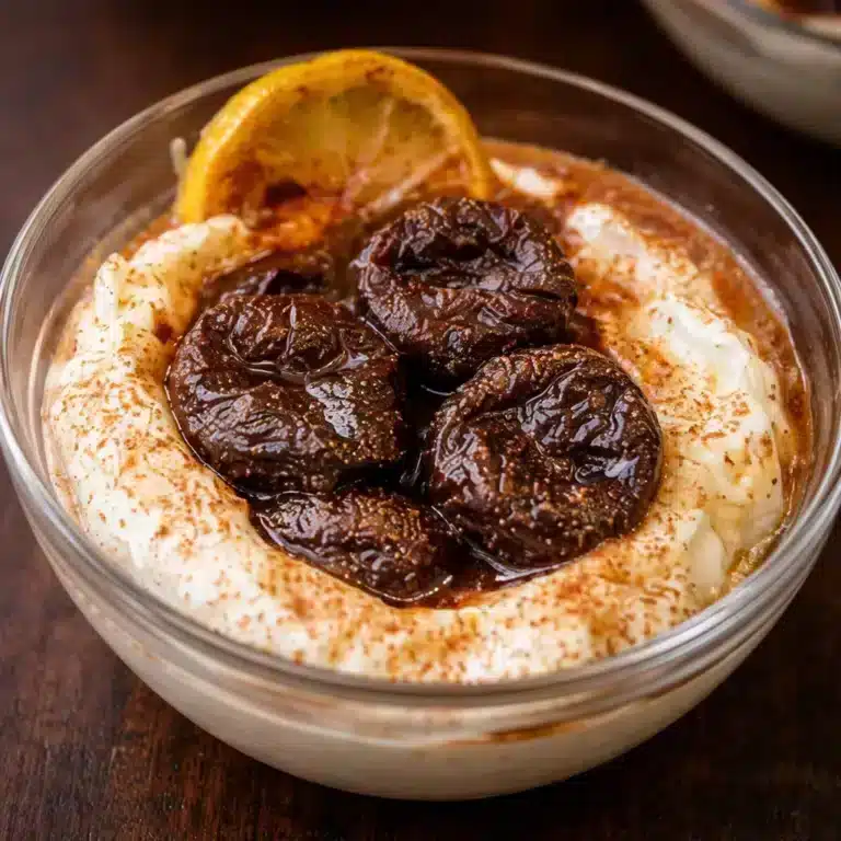 Delicious Stewed Prunes with Cinnamon Yogurt for a Cozy Treat 1 Stewed prunes simmered with cinnamon and served with yogurt for a healthy dessert option.