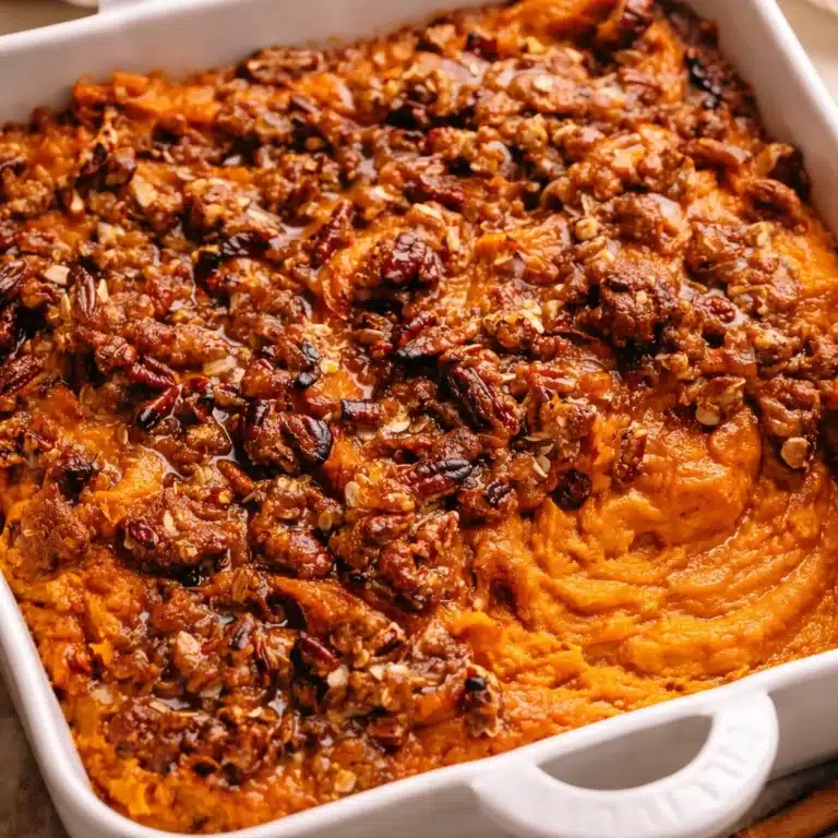Deliciously Creamy Mashed Sweet Potatoes with Pecans Recipe 6 Creamy mashed sweet potatoes with pecans topped with a crunchy pecan crumble.