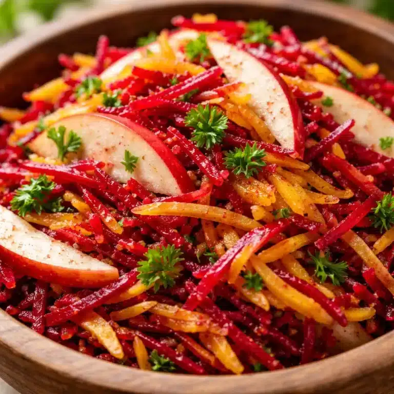 Fresh Raw Beet & Apple Salad with carrots, herbs, and simple dressing on a wooden board.