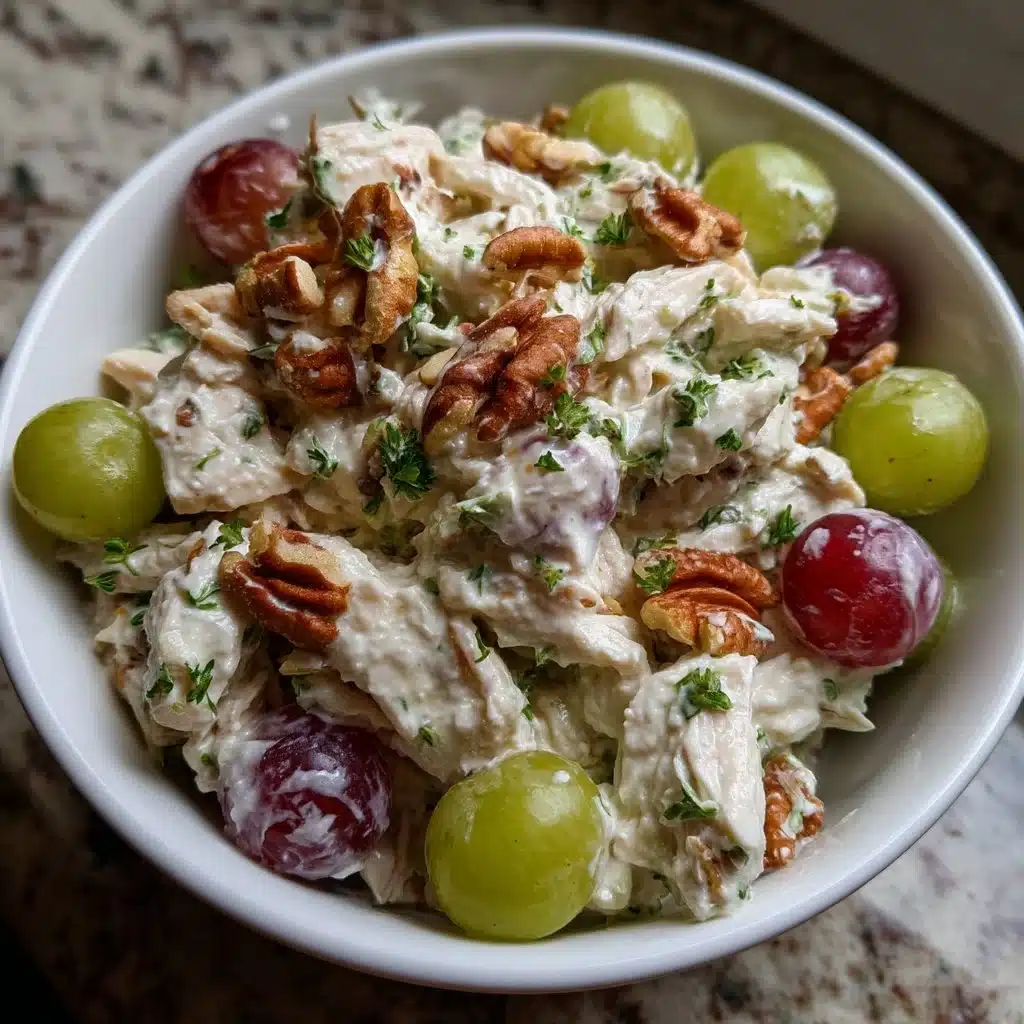 Greek Yogurt Chicken Salad with Grapes 1 Plate of Greek Yogurt Chicken Salad with Grapes on a wooden table