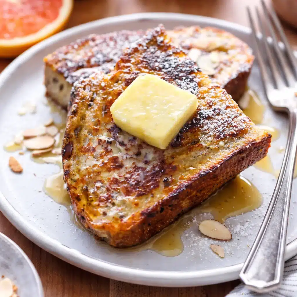 Delicious 7. Sourdough French Toast served on a plate with syrup and berries.