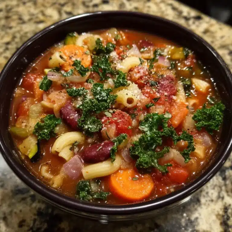 Kitchen Sink Minestrone Soup 27 Bowl of Kitchen Sink Minestrone Soup filled with vegetables, beans, and pasta.