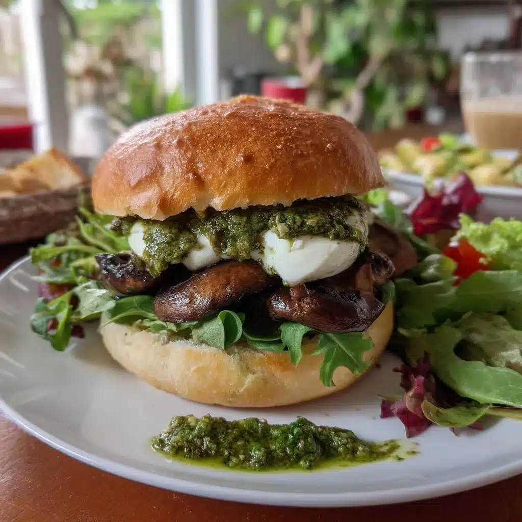 Delicious Portobello Mushroom Burger topped with fresh pesto sauce