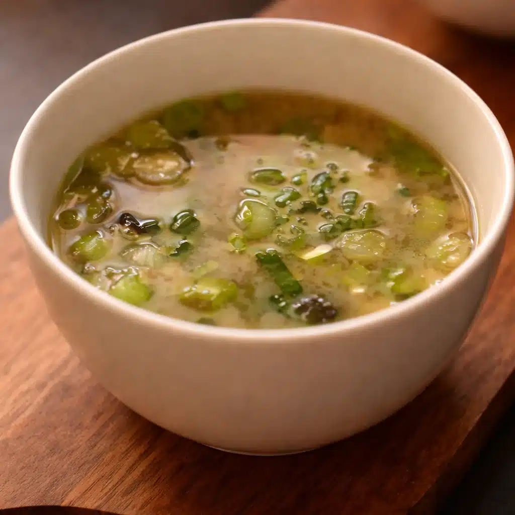 Bowl of Miso Soup with Tofu and Scallions garnished with greens.