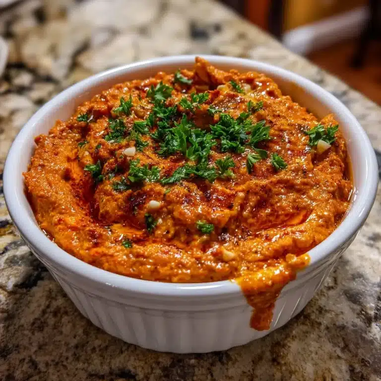 Bowl of delicious Roasted Red Pepper Dip (Muhammara) with pita bread
