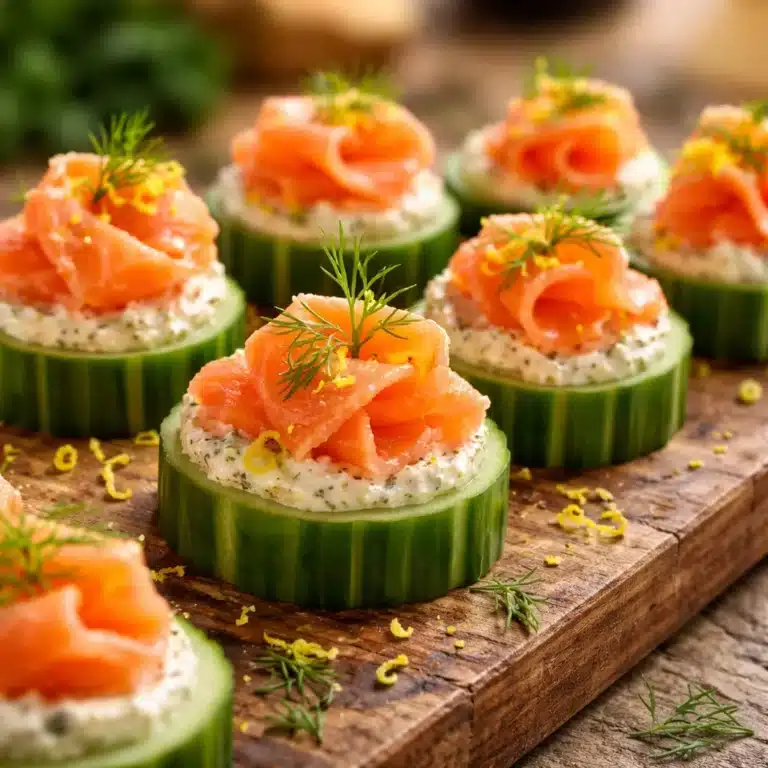 Delicious smoked salmon and cucumber bites topped with cream cheese and dill.