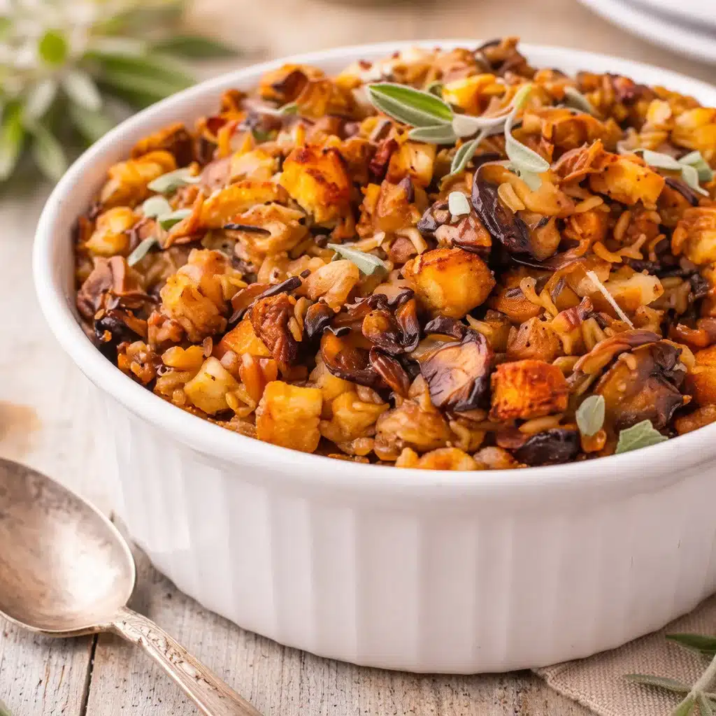 Hearty Wild Rice & Mushroom Stuffing with herbs and butter for Thanksgiving dinner.