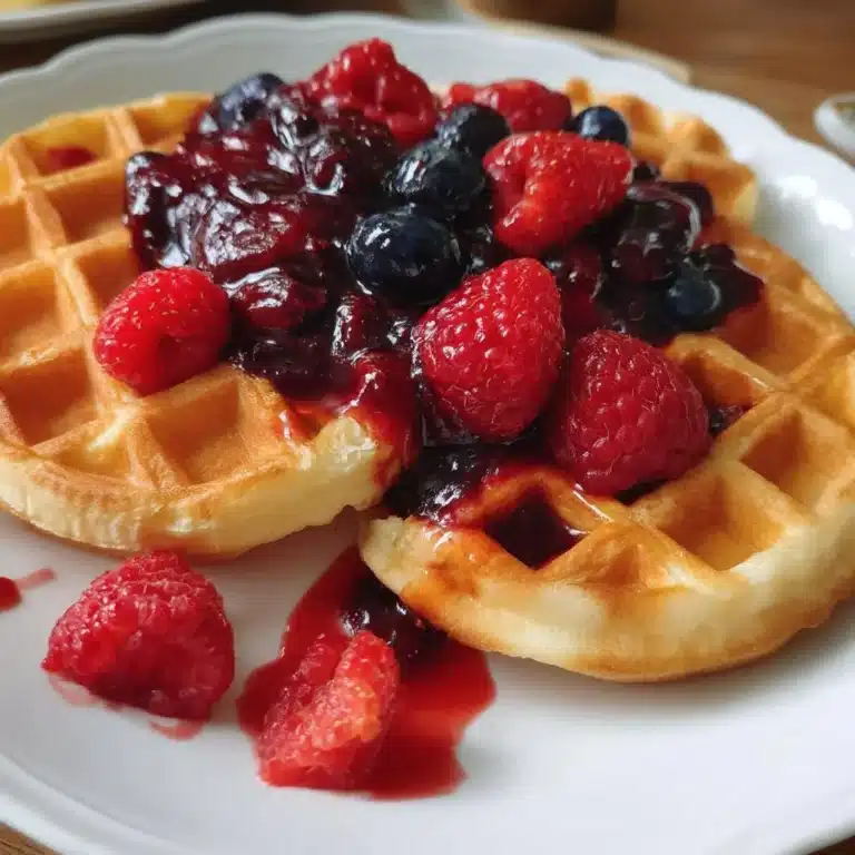 Warm Berry Compote over Waffles 11 Warm berry compote drizzled over golden waffles, garnished with fresh berries.