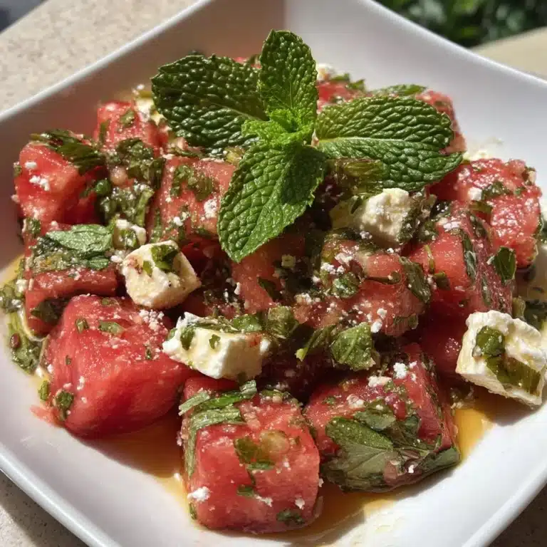 Watermelon & Feta Salad with Mint 10 Watermelon Feta Salad with Mint in a bowl, garnished and ready to serve.