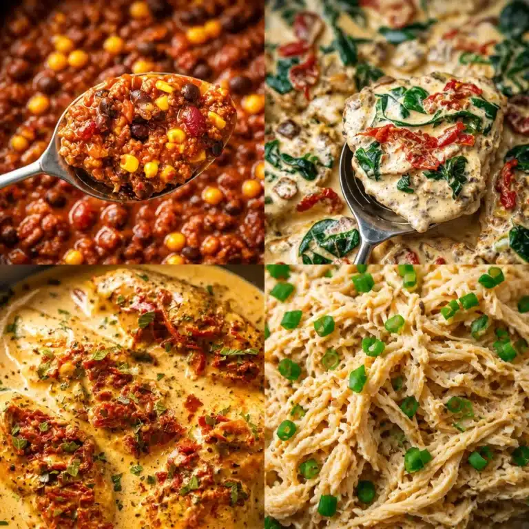 A variety of high protein crockpot meals featuring ingredients like chicken, beans, and fresh vegetables.