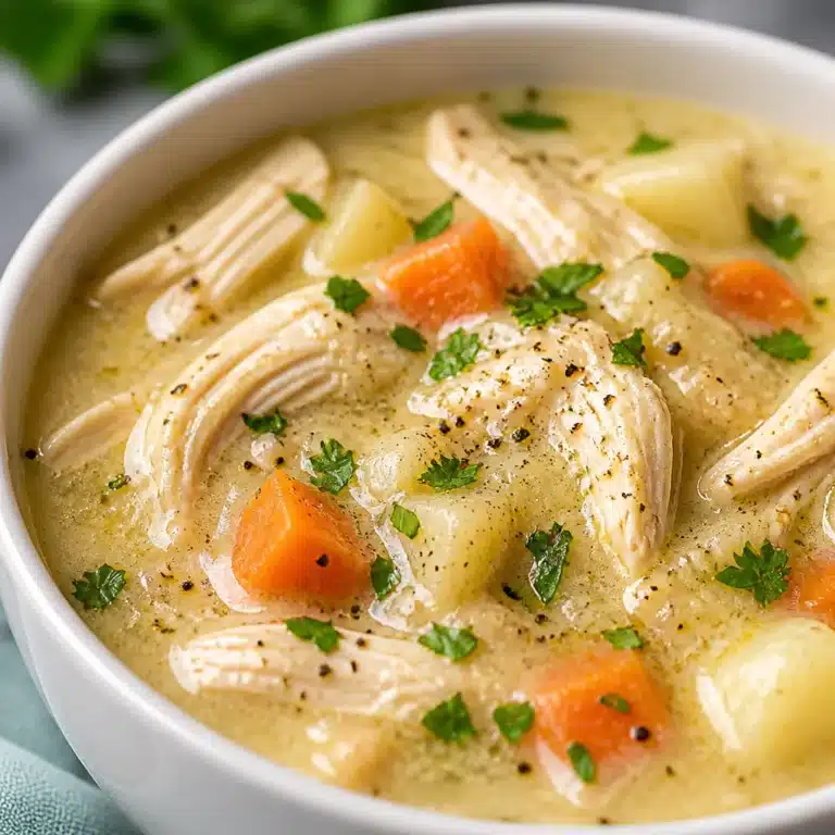 Bowl of Healthy Chicken Pot Pie Soup with vegetables and chicken, dairy-free, comforting meal.